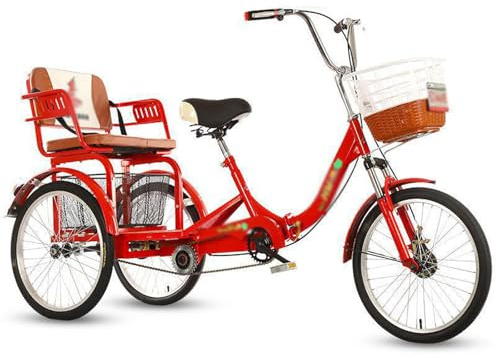 Adult Tricycle, 20 Inch Folding Three Wheel Cruiser Bike with Shopping Basket and Comfortable Rear Seats, Double Chain, Two-Seater Design