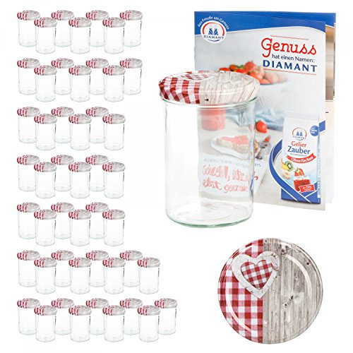 MamboCat 50er 435 ml Sturzglas-Set | Einmachgläser + Twist-Off-Deckel Holz-Herz rotkariert + GRATIS Rezeptheft | einkochen & konservieren | backofengeeignet