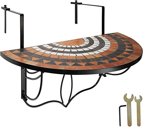 tectake® Balcony Table Hangable, Folding Table with Stone Mosaic Semicircular Design, Sturdy Metal Hooks, Space-saving Patio Table for Balcony and Railing, Easy Installation- Terracotta/White