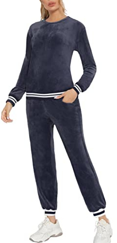 Enjoyoself dam Nicki hemmadräkt sammetslen mjuk 2 delar velour fritidsoverall med paljetter manschetter rund hals långärmad tröja + resår byxor med ficka, En grå, M