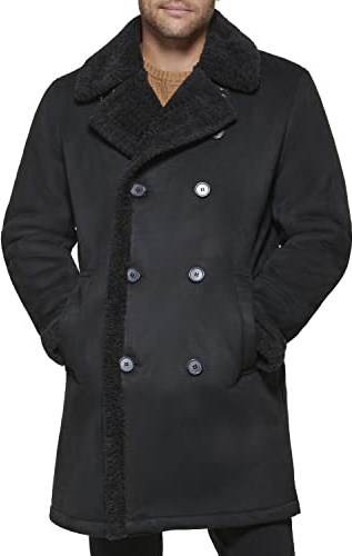 Dockers Men's Faux Shearling Midlength Overcoat, Black, X-Large