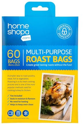 Homeshopa Roasting Cooking Bags with Clips, 60 Piece Turkey Chicken Oven Bag for Meat Poultry Fish Ham Seafood Vegetable Chicken Oven Cooking Bags, Oven & Microwave Safe, Transparent, 38 x 25 cm