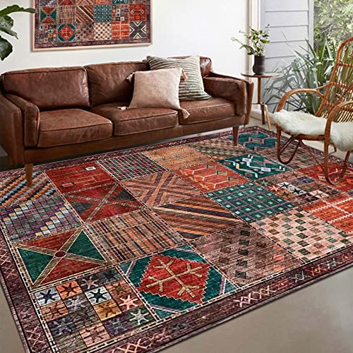 Rug-QJDDUP Tapis Salon Chambre à Coucher, 200 x 300 cm, Patchwork Vintage Design Multicolore Motif, Rouge, Brun, Vert, Rose, Orange,Tapis Poils Courts Doux, Salle de séjour,