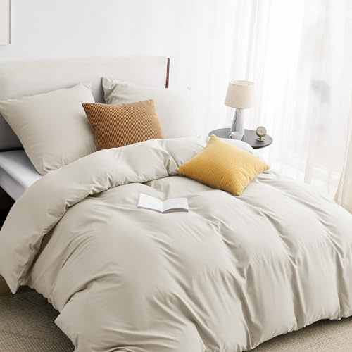 BEDSURE Ropa de cama de 135 x 200 cm, 2 piezas, lino, 1 funda nórdica de 135 x 200 cm y 1 funda de almohada de 80 x 80 cm, certificado Öko-Tex, color beige, poliéster, microfibra con cremallera