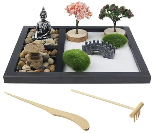 Nizirioo Juego de Mini Jardín Zen de Arena para Meditación - Decoración Japonesa, Miniatura con Base de Madera - Regalo para Relajación