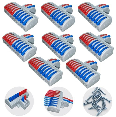 Kabel Verbindungsklemme, CTRICALVER 8 stück Kompakt Elektrische Anschlussblöcke, 2 Rein 10 Raus Lüsterklemmen Steckbar, Reihenklemmen für Circuit Inline