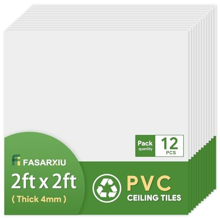 Fasarxiu 24x24 White Drop Ceiling Tiles Waterproof High-Grade PVC Ceiling Tiles 2x2 Fire-Rated - Easy Drop-in Installation - Case of 12 (48 sq. ft.)