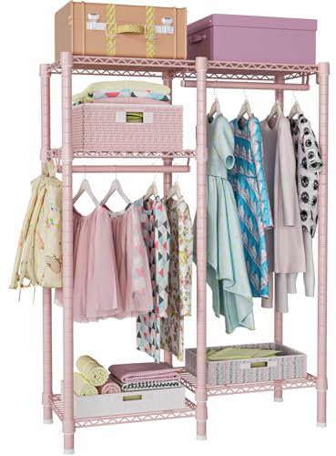 Ulif F1 Clothes Rack for Kids, Baby, Students, and Children's Room, 4 Tiers Portable Metal Closet Clothing Rack, Small Garment Rack with 2 Hanging Rod, 31.2 W x 11.8 D x 48 H, Pink