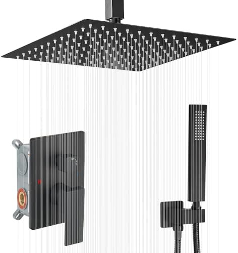 JingGang 16 Inch Ceiling Mount Matte Black Shower System Bathroom Luxury Rain Mixer Shower Combo Set Ceiling Rainfall Shower Head System (Contain Shower Faucet Rough-in Valve Body and Trim Kit)