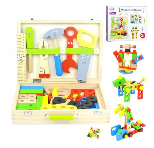 Estuche de Herramientas para niños con Juego de Herramientas de Madera de 69 Piezas, Juguete Montessori para niños pequeños de 3, 4, 5, 6, 7 años, Aprendizaje temprano, creación, Banco de Trabajo