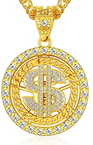 BodyBonita Collier Chaîne Signe Dollar pour Homme Chaîne Rotative pour Rappeur Hip Hop Fausse Chaînes Plaquée Or 18 Carats Collier de Style Punk à Gros Revers Halloween Old School