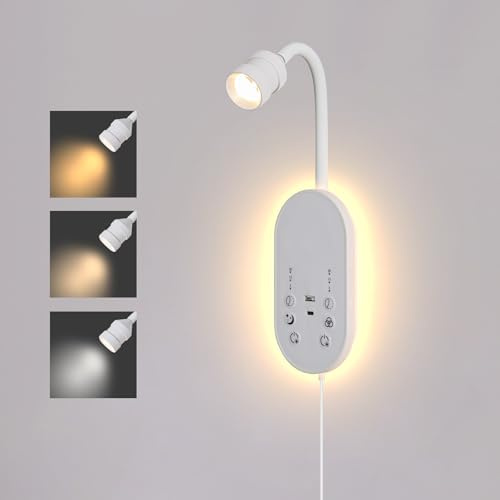 MOLUOLA LIGHTING LED Wall Mounted Reading Light for Bed, Book Light for Reading with Touch Control, Stepless Dimmable, Flexible Gooseneck Bed Light with USB C+A, Night Light & Timers Function (White)