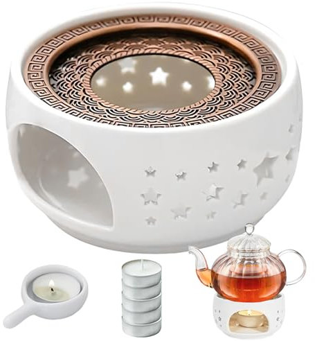Mture Stövchen für Teekanne Keramik, Teekannenwärmer mit Kerzenhalter, 5 Kerzen und Herdmatte, Hohl Geschnitztes Design Porzellan Teewärmer zum Tee Milch Kaffee