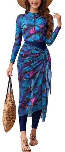 IBAKOM Burkini Swimsut for Women 4 Pieces Long Sleeve Muslim Swim Shirt Swim Pant Swim Skirt Beach Cover Up Islamic Modest Bathing Suit Full Coverage Surfing Rash Guard Set Blue (4PCS) M