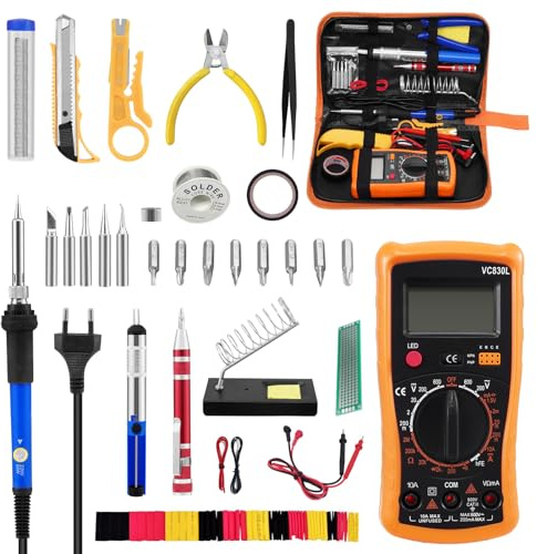 Saldatore a Stagno Kit professionale 60W Temperatura Regolabile 200-450℃, Stagnatore Elettrico 30 in1 con 5 Punte di Saldatura, Multimetro Digitale, Filo per Saldatura da 8 g ecc, Portatile
