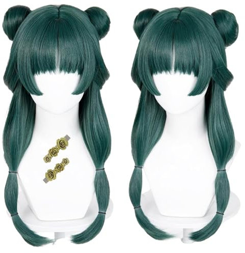 PWEINCY Maomao - Parrucca per cosplay, per feste in giardino, lunga verde, con chignon, capelli sintetici, per Halloween
