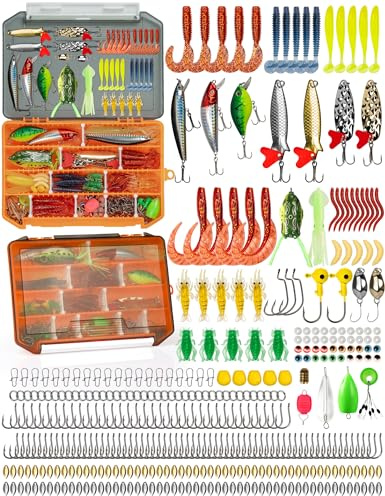 pullther Set di 380 esche da pesca miste, tra cui spinner, lancio, anelli divisi, bottoni a pressione, perline a occhio di pesce, manovella e altri accessori, per acqua dolce e salata