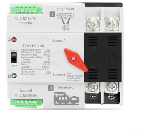 MeevrgR Interruttore di trasferimento da 100 A con commutazione automatica e protezione della tensione per generatore e sistemi solari con controllo manuale per applicazioni residenziali e camper