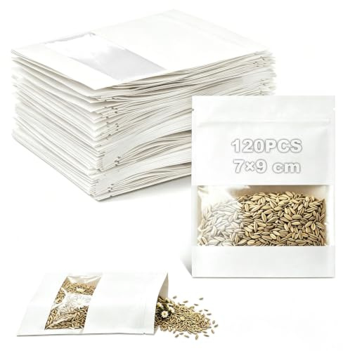 mawmuaw 120 stycken fröpåsar 7 × 9 cm kraftpapperspåsar med fönster vit liten | Återanvändbara påsar med fönster papperspåsar bröllop, jul, adventskalender, blomfrön som presentpåse