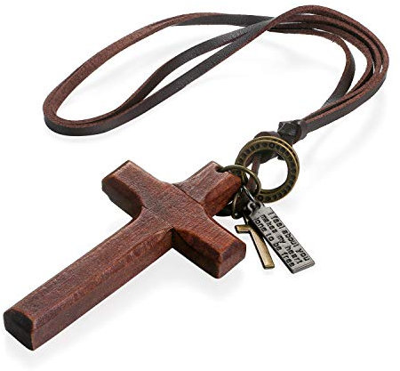 Flongo Collar De Cuero Para Hombre Mujer: Colgante De Cruz Madera - Religioso Collar Largo Ajustable - Cruz Marrón Retro Vintage