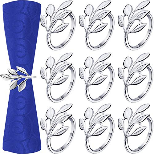Hotop 12 Pcs Leaf Napkin Rings Set Silver Metal Napkins Rings Holders Bulk Glossy Table Adornment for Vintage Wedding Bridal Thanksgiving Christmas Holidays Fall Dinner Party Decoration Favors