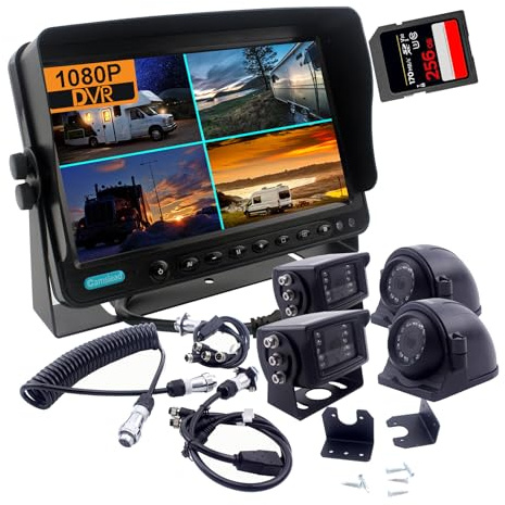CAMSLEAD 9 Zoll Bildschirm 1080P HD-Kamerasystem Das 5. Rad-Kamera-Monitor-System, DVR-Recorder mit Quad-Split-Screen, 9 Zoll Monitor + 4X-Kameras 1080P + Anhängerkupplungs Schnellverbindungs Kit