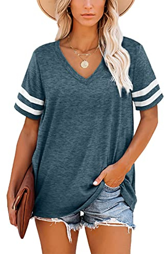 Aokosor T Shirts for Women UK V Neck Ladies Striped Sleeve Summer Tops Casual Loose Tee