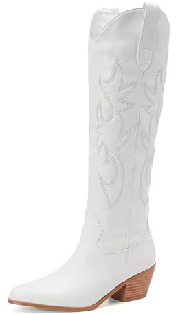 CIERWS Women's Embroidered Western White Cowboy Boots Knee High Medium Heel White Cowgirl Boots For Women