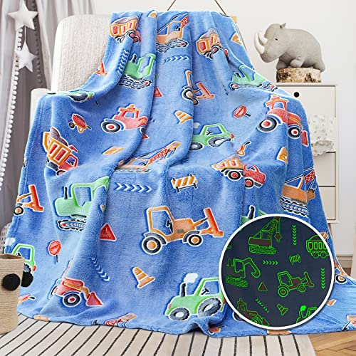 Truck Blanket for Boys Kids, Construction Excavator Tractor Throw Blanket, Christmas Birthday Gifts for Boys Age 3-12, Toddler Blanket, Car & Truck Theme Room Decor, Soft Cozy Glow in the Dark Blanket