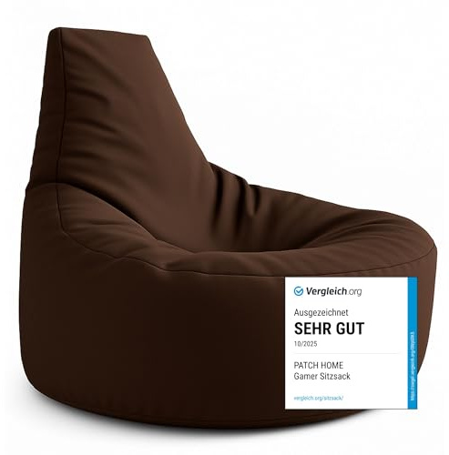 PATCH HOME Gamer kudde & lounge sittsäck fåtölj sittdyna sittsäckar gaming, redo med frigolitfyllning lämplig för inomhus- och utomhusbruk (brun, Ø 65 cm x höjd 70 cm junior)
