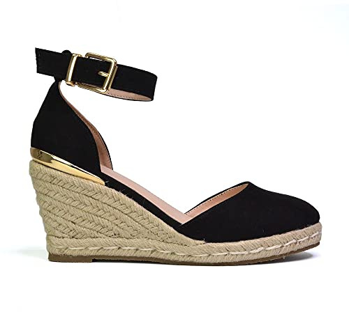 ESSEX GLAM Womens Mid Wedge Heel Platform Sandals Ladies Ankle Strap Espadrille Black Shoes Size 5