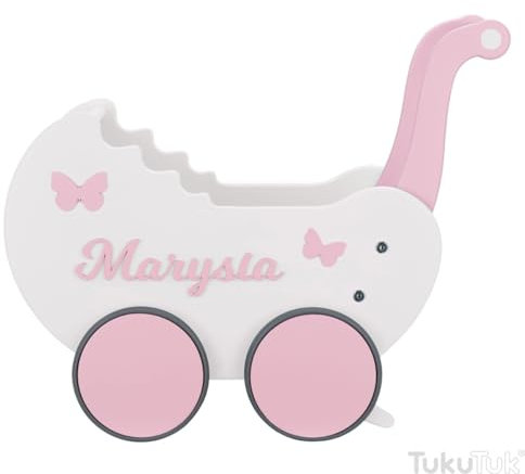 TukuTuk Doll's Pram from 1 Year - Individually with Name - Handmade Doll Pram - Wooden Doll's Pram - Safely Rounded Edges - Expressive and Beautiful Colours (White, Pink)