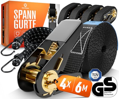 MEISTERBAU - [TÜV geprüft] Spanngurte mit Ratsche [+ 2 Spanngummis] - 1000kg Kapazität - 6m lang und 2,5cm breit 4 Stück - zertifizierte Ratschengurte - Stabile & Wetterfeste Zurrgurte mit Ratsche
