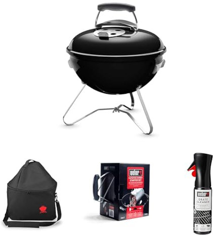 Weber Smokey Joe Barbacoa de Carbón, Ø 37cm, Negro, 1111004 + Bolsa de transporte para Smokey Joe Premium + Set Chimenea con Briquetas Encendido Blancas + Producto de Limpieza para Parrilla y Horno