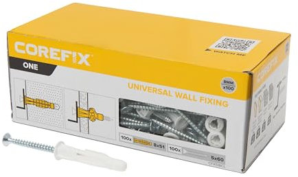 Corefix One Universal-Dübel und Schrauben, strapazierfähig, 100 kg in Mauerwerk, geeignet für alle Wandtypen, perfekt für die Montage von Regalen, zum Aufhängen von Fernsehern und zur Sicherung von