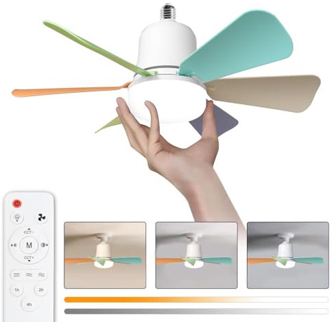 himmel Ventilatore da soffitto da 30 W con base E27, LED dimmerabile, silenzioso per camera da letto e soggiorno. 3 velocità, 6 pale. (Multicolore)