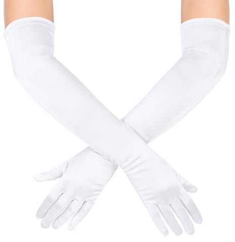 KarneLux Damen Handschuhe Lang - 1 Paar Abendhandschuhe zu Karneval, Fasching oder Halloween - Kostüm Accessoire, Zubehör für Burlesque, Charleston und 20er Jahre Verkleidungen (Weiß, 55 cm)