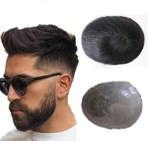 Toupee for Men with 100% Human Hair, 0.08mm Natural Skin Hair Pieces Replacement for Mens Toupee V-looped Hair System Natural Black (Natural black, 6x8 Inch)