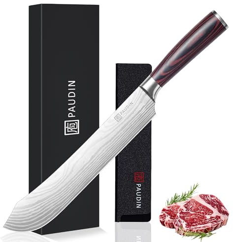 PAUDIN Fleischmesser 25cm Metzgermesser profi Messer extrem scharf Küchenmesser als Hackmesser Schlachtermesser Grillmesser Tranchiermesser aus hochwertigem Edelstahl mit ergonomischem Holzgriff