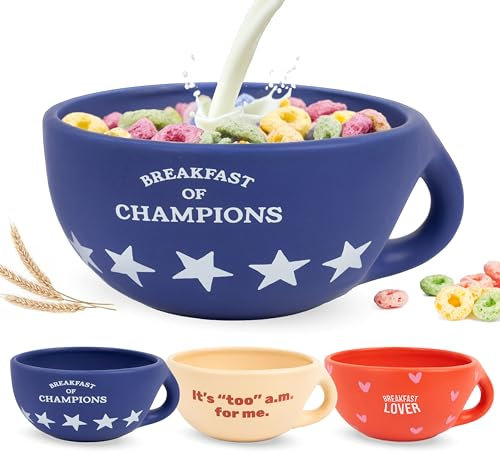 Fisura – Bol desayuno original “breakfast of champions”. Tazas desayuno azul de 490 ml. Taza de café grande. Bowl de cerámica para café. Cuenco para muesli. 16,5 cm x 7,5 cm