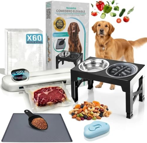 NOVARKA® | Comedero Perro Elevado con 5 Alturas | Bebedero de Acero Inoxidable y Comedero Perro Antivoracidad | KIT PREMIUM con Alfombra Antideslizante y Pala Pienso EXTRAS | Ideal para Casa o Terraza