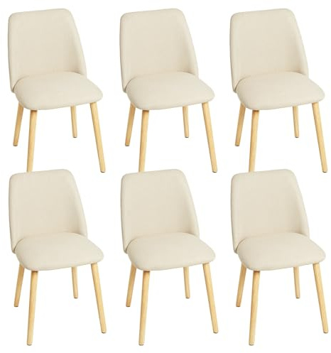 Goeurvant Chaises de Salle à Manger Lot de 6, Chaises Fauteuil en Lin avec Pieds en Bois et Dossier pour Salon, Cuisine et Bureau, Crème