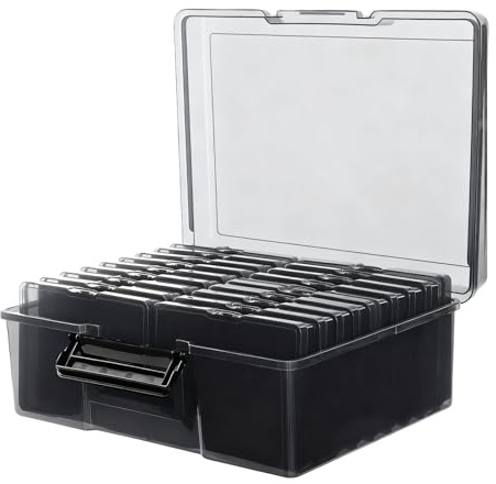 HEIYUET Caja de almacenamiento para fotos, color negro, con 16 soportes interiores para fotos (17 x 12 cm), caja organizadora para fotos, tarjetas, pegatinas