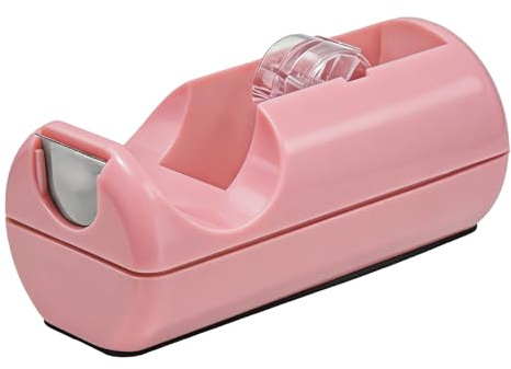 Desktop Office Tape Dispenser, Fits Standard 1-Inch Core Tapes, Weighted Non-Slip Base, Sharp Metal Blade, Smooth Cutting, Heavy Duty Adhesive Roll Holder for Office, School, Home & Business - Pink