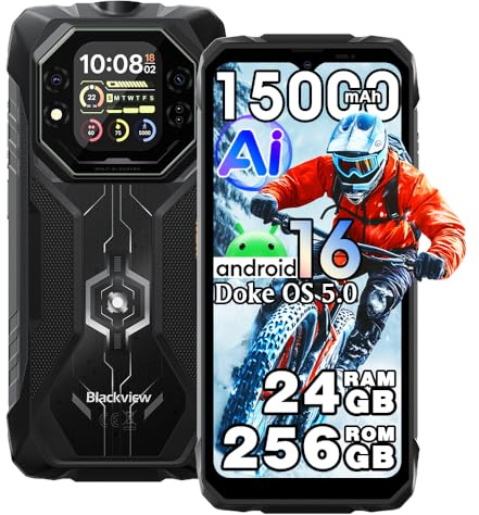 Blackview Rock 1 Android 16 Outdoor Handy ohne Vertrag 4G, 24GB+256GB, 15000mAh Outdoor Smartphone, 6.56 HD+ Dual Pantalla, 20MP+16MP, IP68 Wasserdicht Baustellenhandy, Gemini AI, NFC, OTG, Schwarz