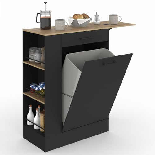 IDMarket - Credenza da cucina compatta TIBO 90 cm con cestino, ripiano ribaltabile, 1 cassetto e 3 ripiani laterali in legno e nero