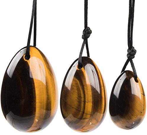 Tiger's Eye Yoni Eggs, June&Ann Set of 3 Drilled Natural Chakra Healing Yoga Exercise Eggs with String Massage Stones Ben Wa Ball for Women to Train Pelvic Muscles Kegel Exercise