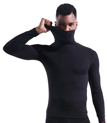 Zueauns Mens Thermal Tops Turtleneck Warm Underwear Long Sleeve T-Shirt Tops Breathable Thin Undershirt(Black,L)