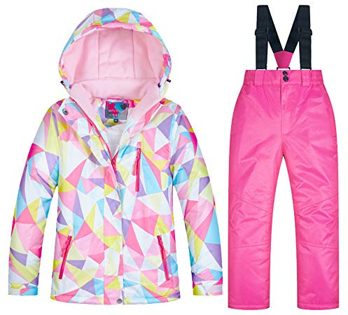 YFPICO Conjunto de Chaqueta y Pantalón de Esquí para Niños Traje de Esquí para Niños Niñas Protector de Nieve Integrado Forro Polar Invierno, 3+Rosa, 7-8 años Etiqueta 135