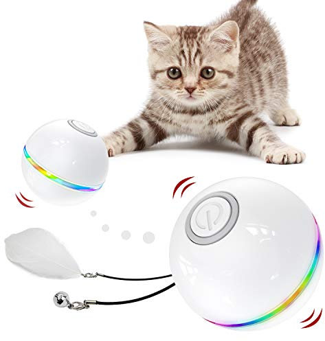 Iokheira Jouets pour Chats, Balle Chat avec,LED Lumières,Cataire, Cloche et Plume,Jouet Chat Interactif Interieur,Rotation Automatique